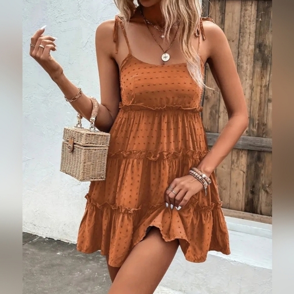 * New Boho Swiss Polka Dot Babydoll Cami Mini Dress Sundress Dusty Burnt Orange - Picture 2 of 10